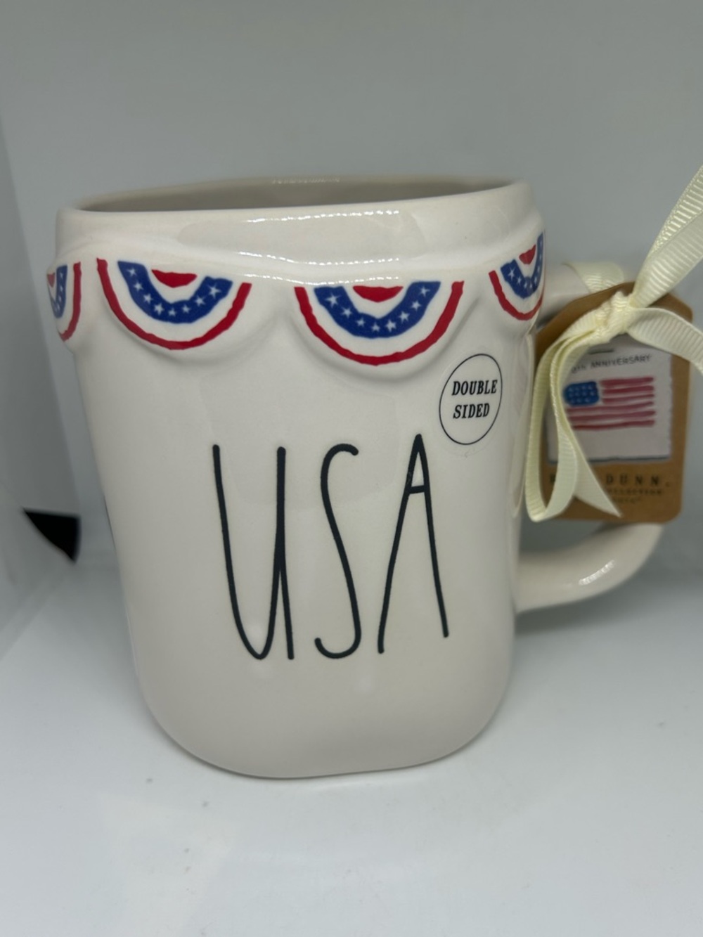 Rae Dunn White USA Mug with Red and Blue Bunting